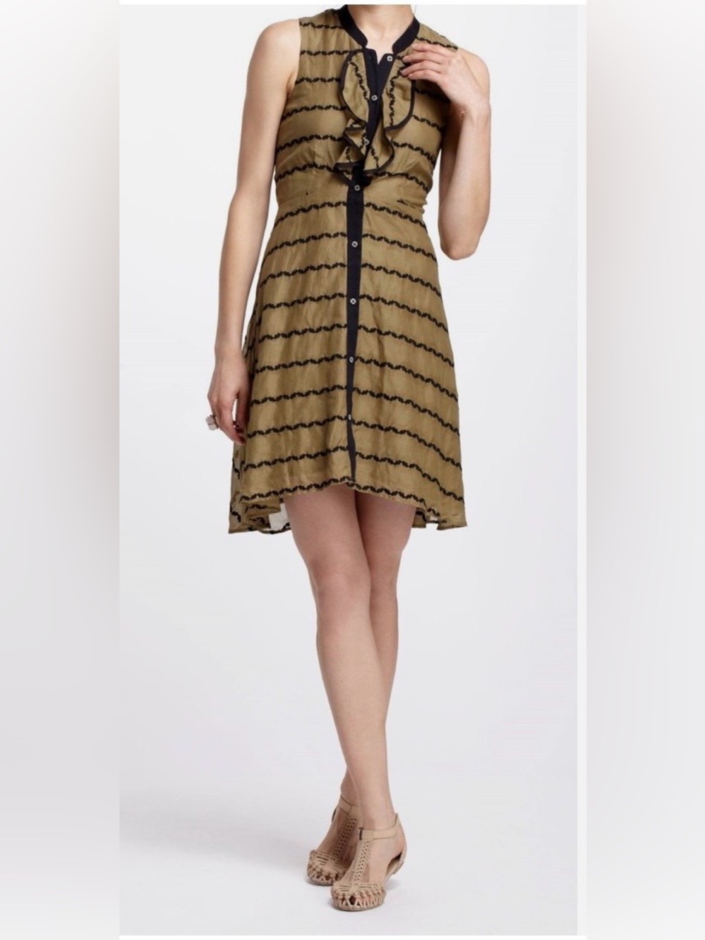 Anthropologie Olive and Black Ruffle-Front Sleeveless Dress